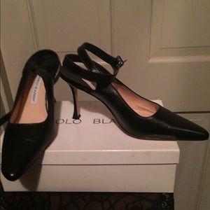 Manolo Blahnik leather sling back ankle straps